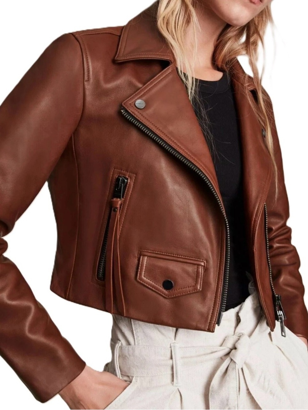 Cropped Brown Leather Moto Jacket - Women's. Genuine lambskin leather